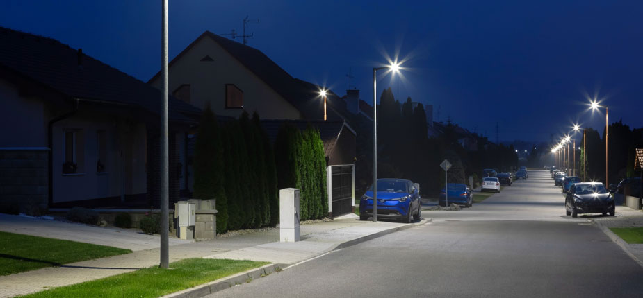 Streetlights at night in a suburban neighborhood